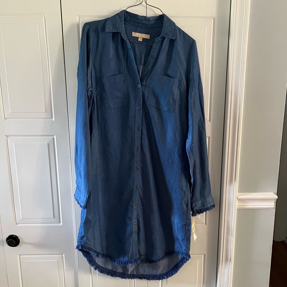 Hope & Harlow Blue Denim Tencell Fringe Shirt Dress